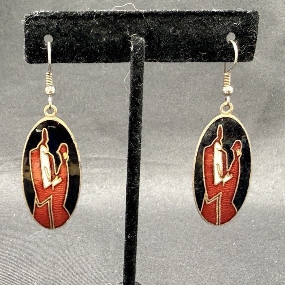 Vintage Cloisonne Enamel Oval Drop Earrings Abstract Figures Red Black Gold Tone